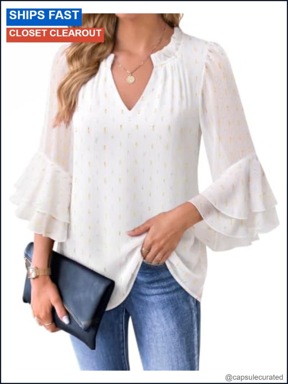 Womens Dressy 3/4 Sleeve Chiffon Ruffle Neck Blouse